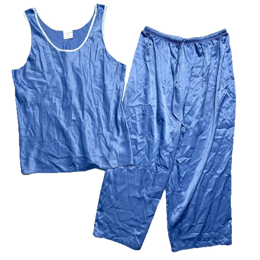 Vintage Cabernet Satin Pajama Set Periwinkle Blue Sleeveless Tank Pants Womens M